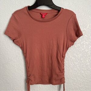 Guess Ribbed Ruched Top S Brown Fitted Y2K Baby Tee Stretch Casual Cute